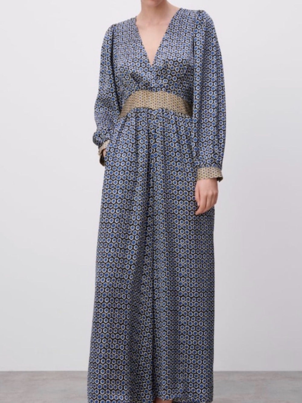 Zara Blue Geometric Print Long Sleeve Jumpsuit Medium